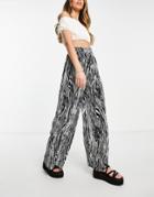 Urban Revivo Plisse Wide Leg Pants In Black And White Tiger Print-multi