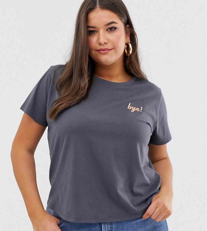 Asos Design Curve T-shirt With Embroidered Bye Motif-gray