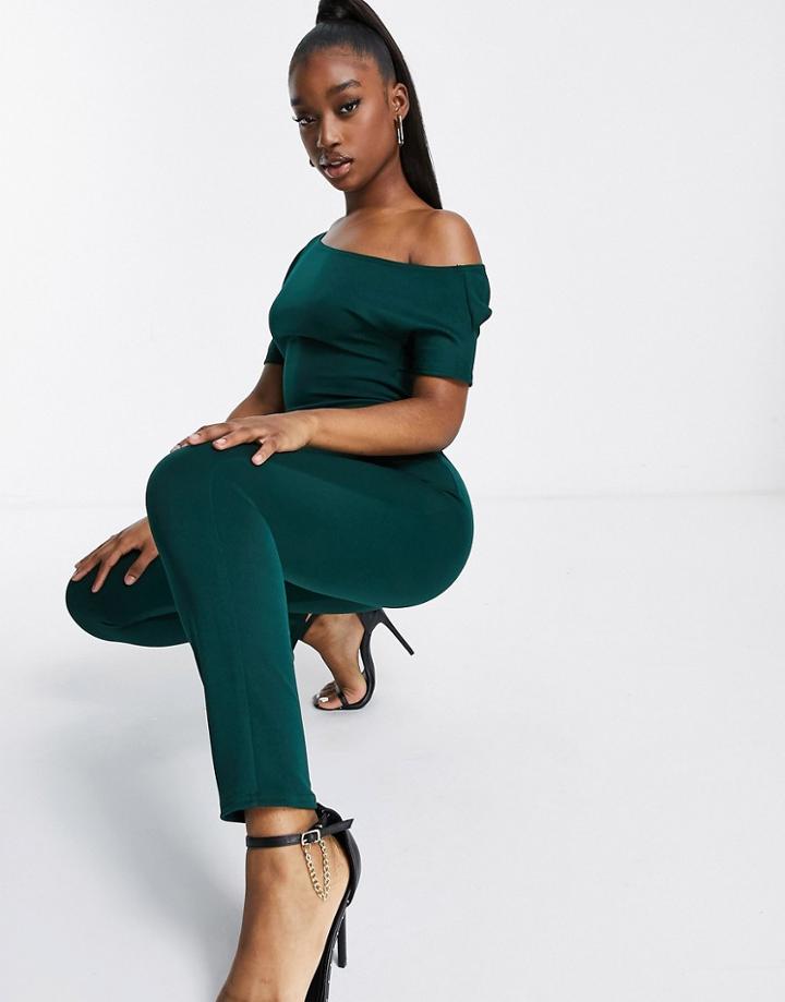 Asos Design Off Shoulder Scuba Jumpsuit In Forest Green