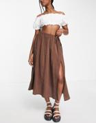 Asos Design Elasticasted Waist Full Midi Skirt In Brown Lyocell