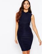 Ax Paris Ruched Bodycon Dress With High Neck - Navy