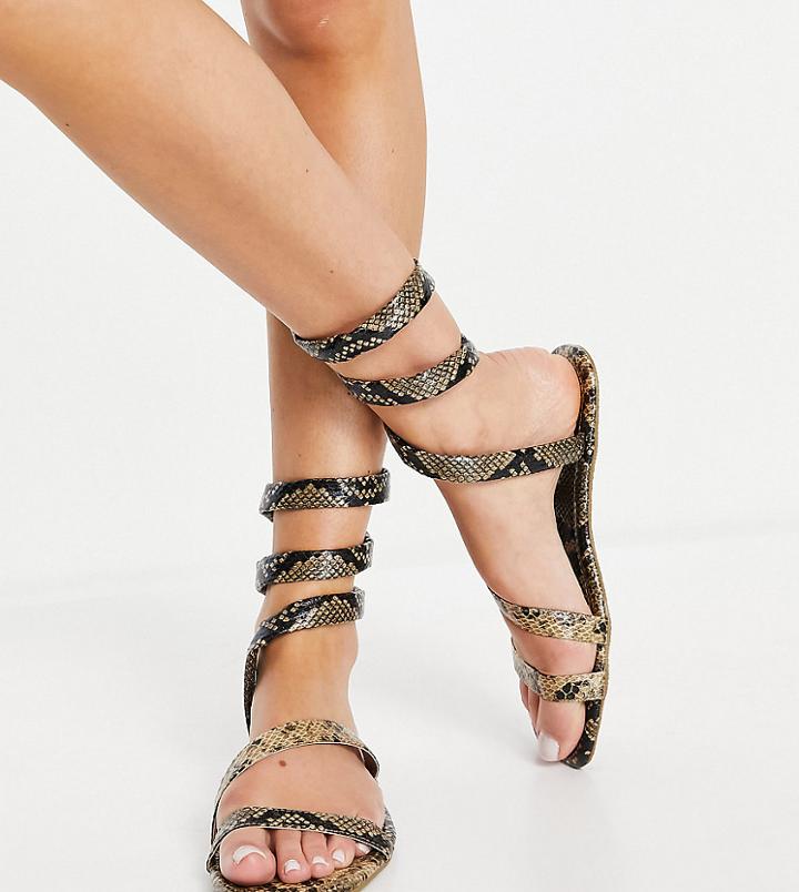 Asos Design Wide Fit Forcefield Flat Sandals In Natural Snake-multi