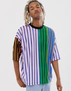 Asos Design Oversized T-shirt In Rainbow Stripe With Contrast Neck - Multi