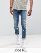 Asos Tall Slim Jeans In Vintage Mid Wash With Rips - Blue