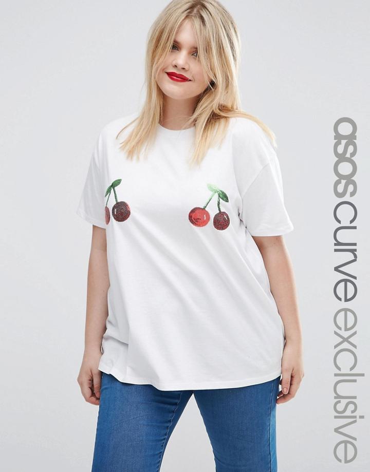 Asos Curve Sequin Cherry T-shirt - White