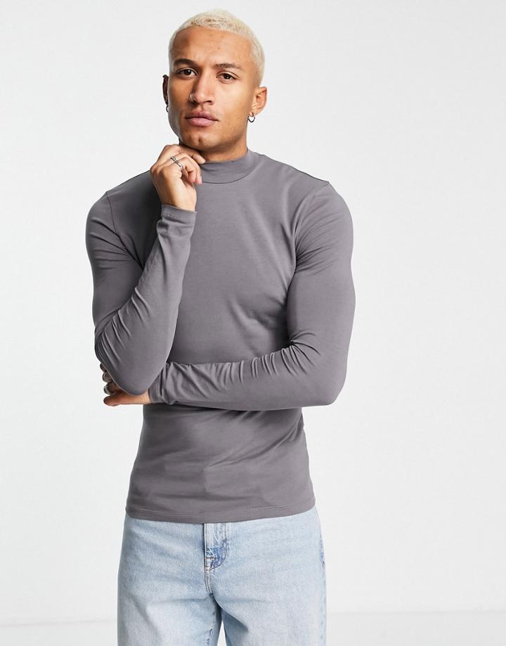 Asos Design Long Sleeve Muscle T-shirt With Turtle Neck In Washed Black