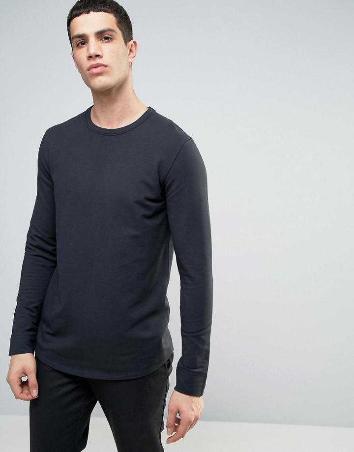 Selected Homme Longline Sweatshirt With Curved Hem And Back Stitch - Black