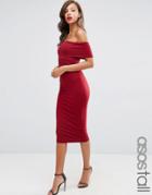 Asos Tall Deep Off The Shoulder Bardot Midi Bodycon Dress - Red