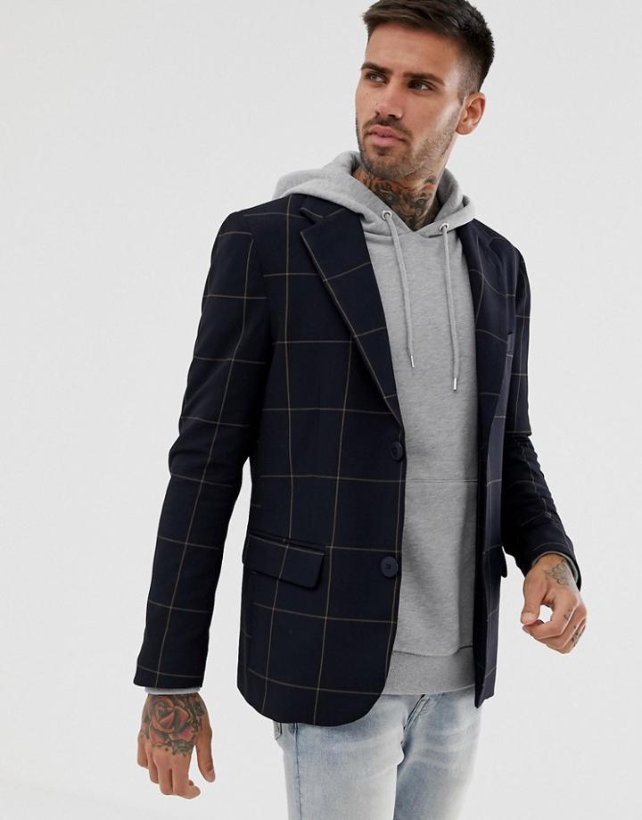 Bershka Blazer Jacket In Navy With Check Print - Navy