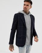 Bershka Blazer Jacket In Navy With Check Print - Navy