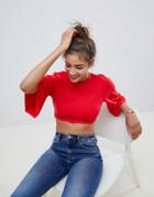 Fashion Union Open Back Crop Top With Wide Sleeves - Red