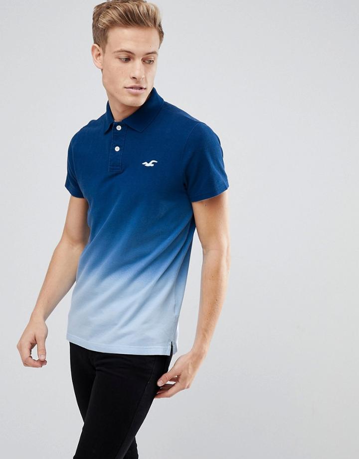 Hollister Stretch Pique Polo Seagull Logo In Blue Dip Dye - Blue