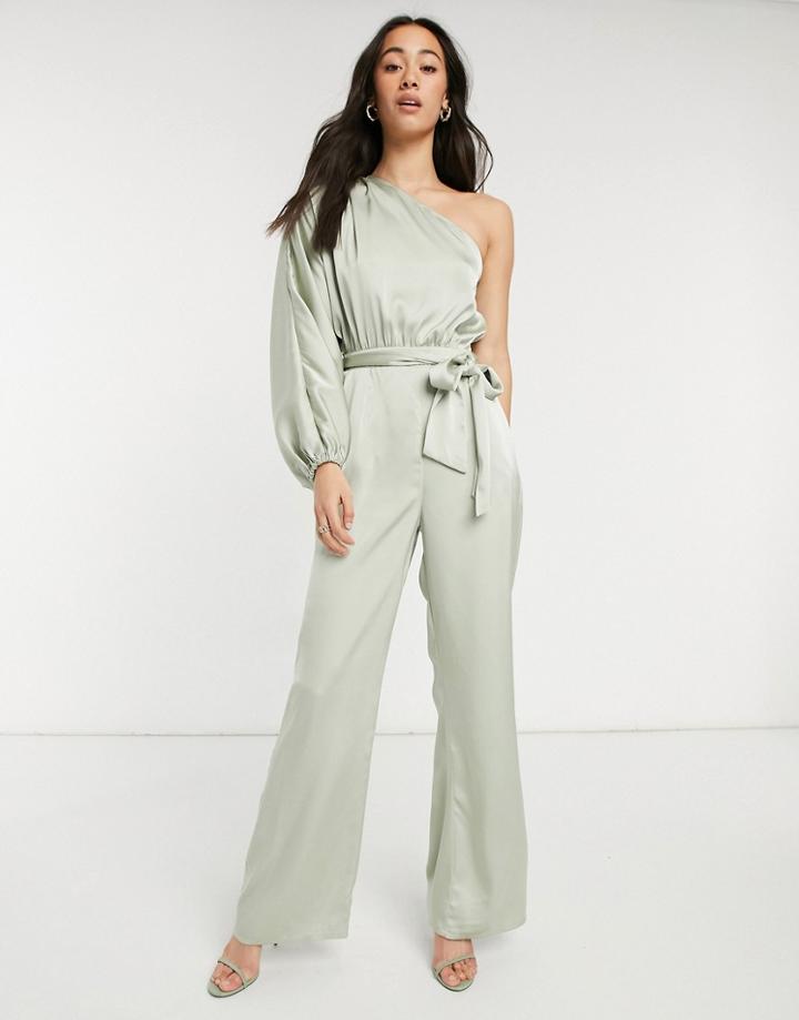 Pretty Lavish One Shoulder Volume Sleeve Jumpsuit In Pistachio-green
