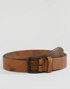 Asos Slim Tan Leather Belt With Vintage Finish & Contrast Stitching - Tan