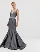 Jovani Structured Fishtail Maxi Dress - Gray