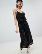 Lost Ink Jumpsuit With Frill Waist In Spot - Black