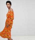 Asos Design Tall Off Shoulder Midi Dress In Red Floral - Multi
