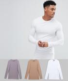 Asos Design Longline Long Sleeve Muscle Fit T-shirt 3 Pack Save - Multi