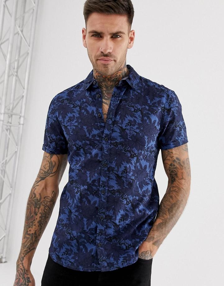 Blend Floral Short Sleeve Shirt In Blue - Navy