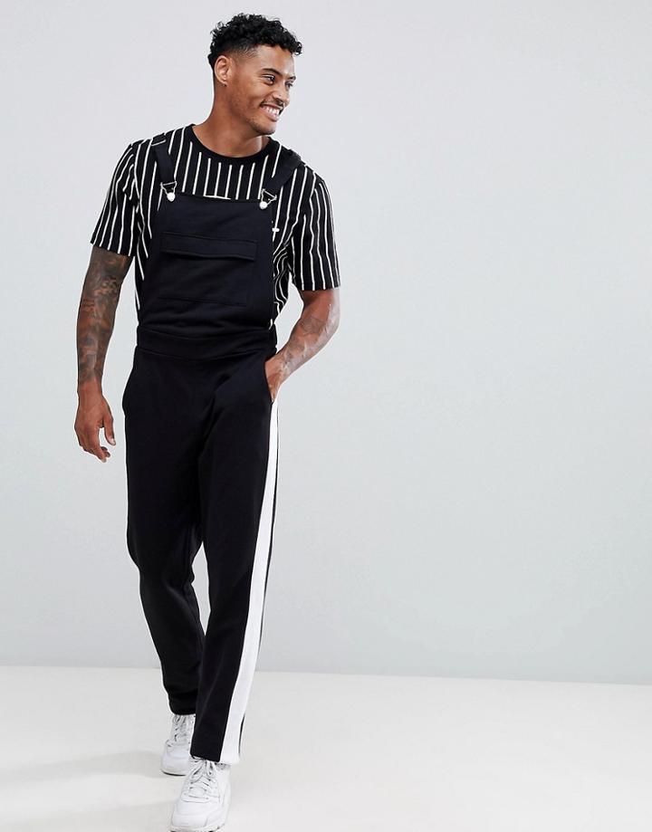 Asos Design Jersey Overalls In Black With Side Stripe - Black