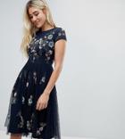 Lace & Beads Scatter Embellished Tulle Midi Dress In Navy - Navy