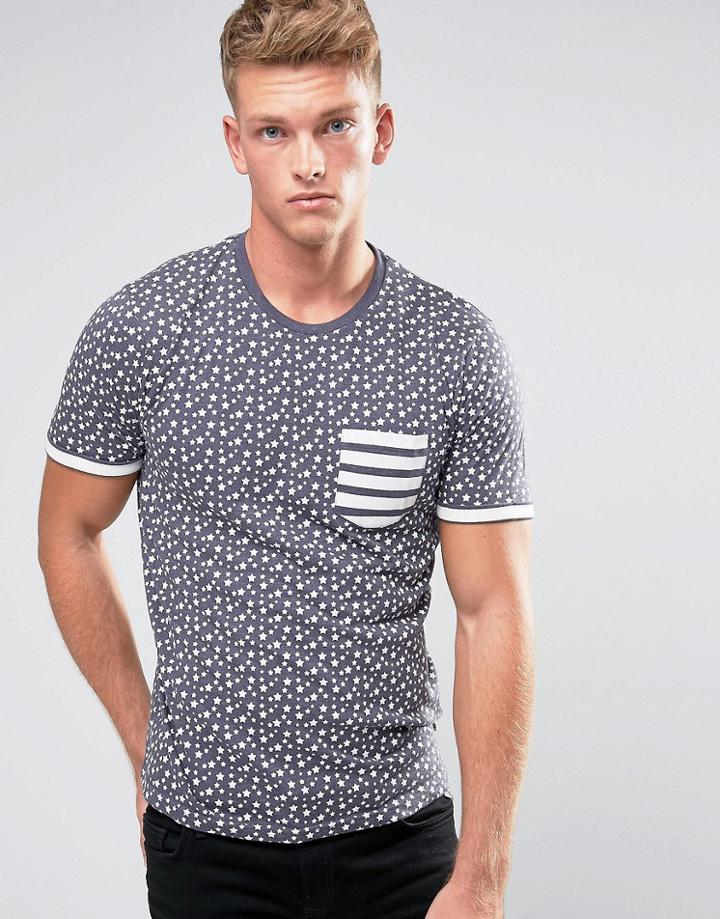Brave Soul Star Print T-shirt - Navy