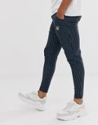 Siksilk Slim Cropped Pants In Navy Pinstripe - Navy