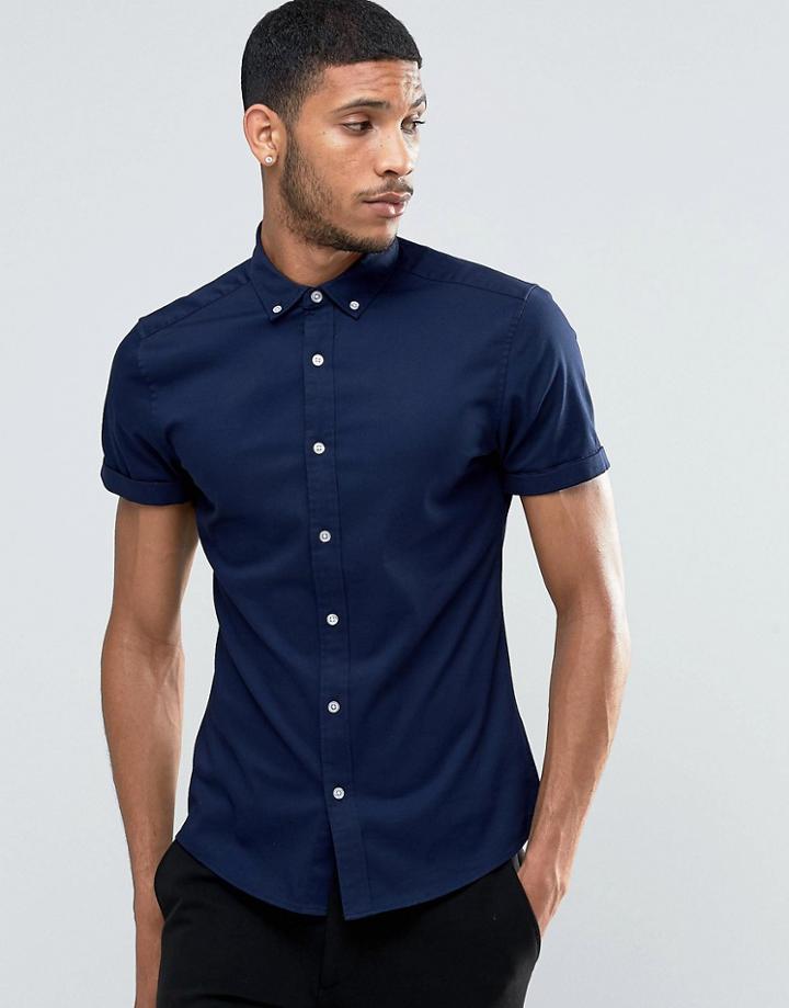 Asos Skinny Twill Shirt In Navy - Navy