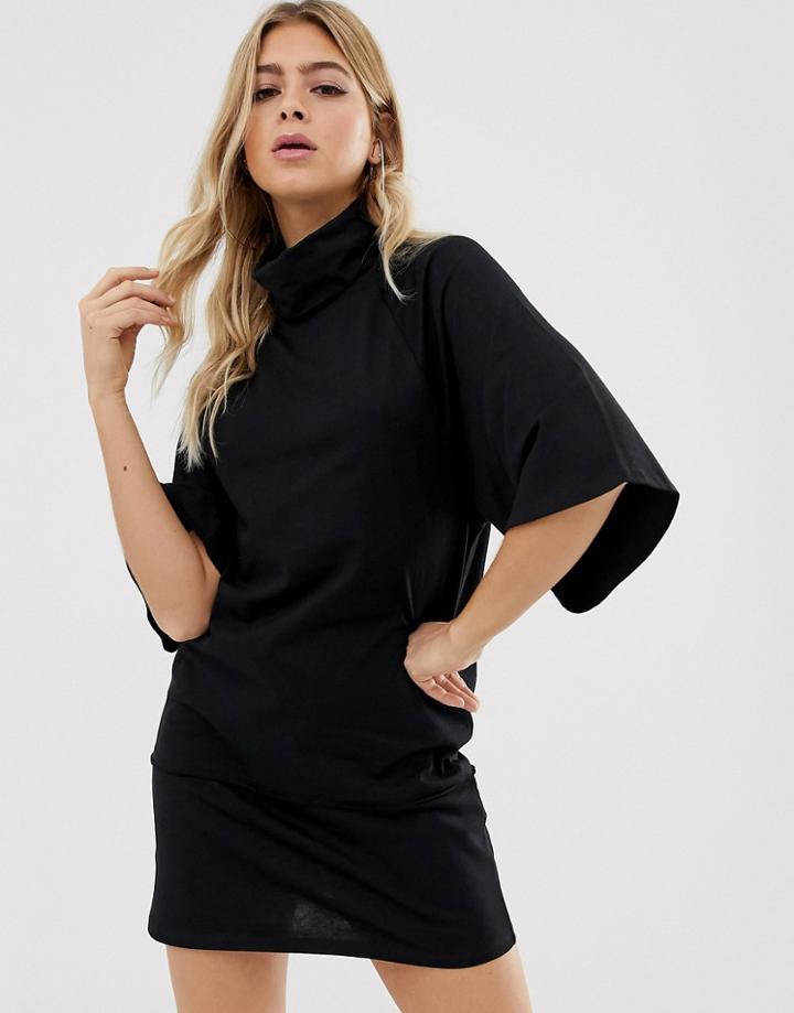 Asos Design Cowl Neck Exposed Seam Trumpet Sleeve Mini Dress - Black