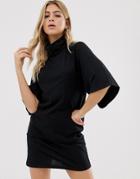 Asos Design Cowl Neck Exposed Seam Trumpet Sleeve Mini Dress - Black