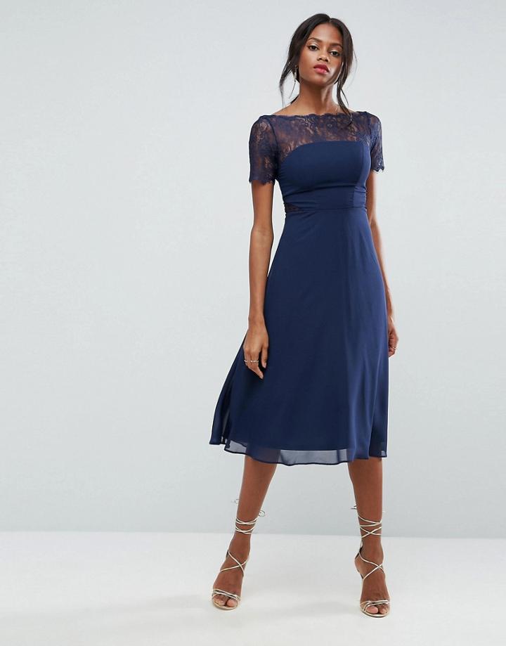 Asos Lace Insert Paneled Midi Dress - Navy
