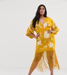 Asos Design Curve Kimono Sleeve Midi Dress With Embroidery And Fringe-yellow