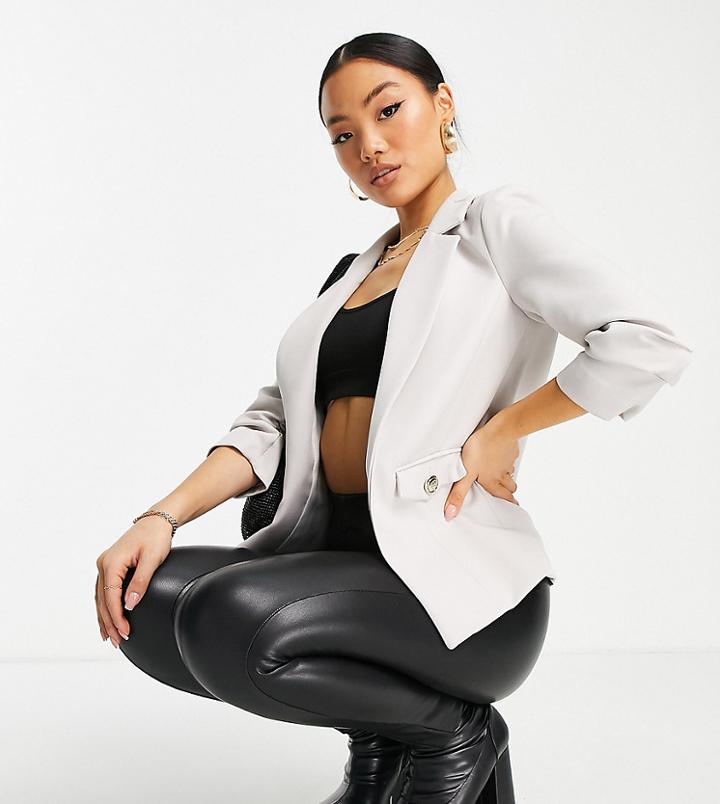River Island Petite Ruched Sleeve Blazer In Beige-neutral