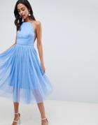 Asos Design Premium Scuba Pinny Midi Tulle Dress-blue