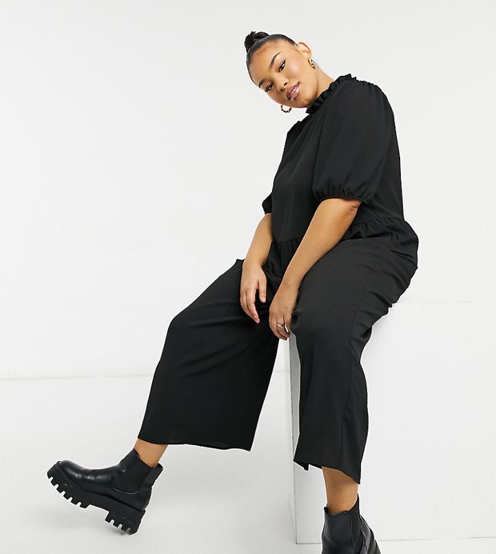 Asos Design Curve Frill Neck Smock Jumpsuit In Black