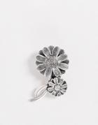 Asos Design Floral Brooch In Burnished Silver Tone