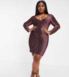 Fashionkilla Plus Glitter Plunge Front Mini Body-conscious Dress With Ruched Booty Detail In Rose-pink
