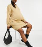 Asos Design Maternity Mini Dress With Polo Neck In Camel-neutral