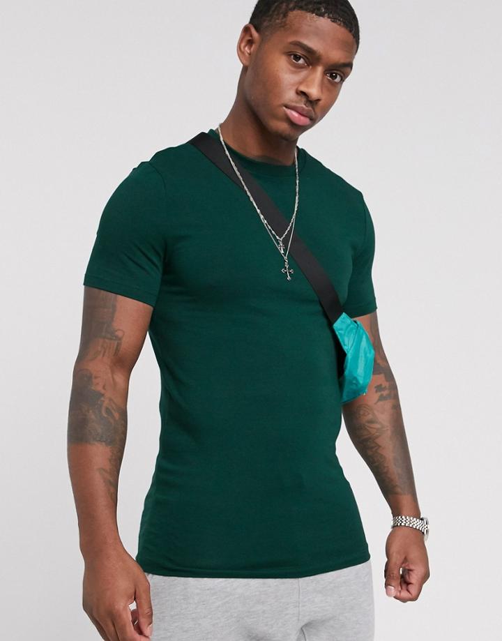 Asos Design Organic Muscle Fit T-shirt With Crew Neck In Khaki-green
