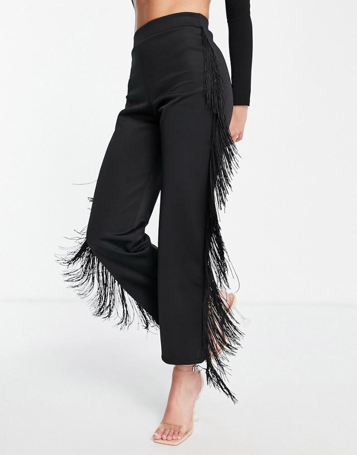 Asos Design Jersey Tux Straight Leg Suit Pants With Fringe Detail In Black
