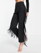 Asos Design Jersey Tux Straight Leg Suit Pants With Fringe Detail In Black