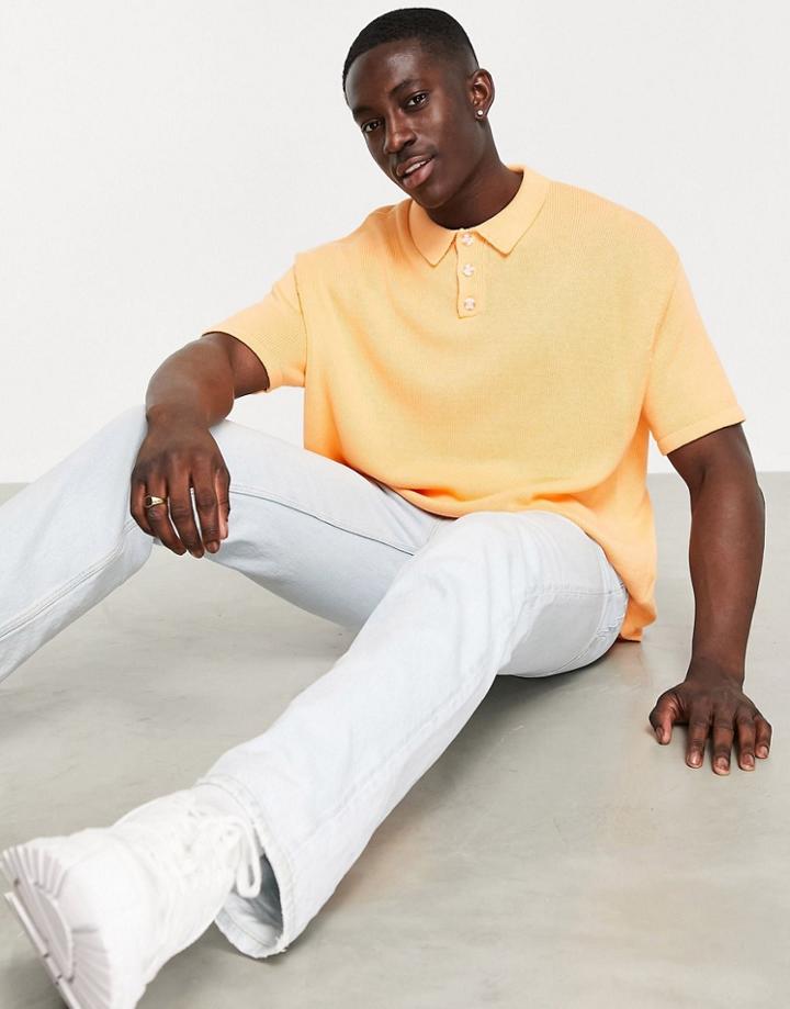 Asos Design Knitted Midweight Polo T-shirt In Peach-pink