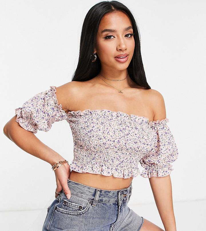 Missguided Petite Shirred Bardot Top In Floral-multi