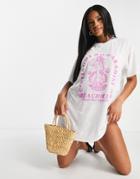 Asos Design Jersey Oversized Beach T Shirt In Mermaid Beach Club Print-white