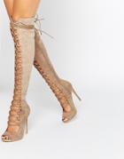 Daisy Street Taupe Lace Up Ghillie Over The Knee Boots - Taupe