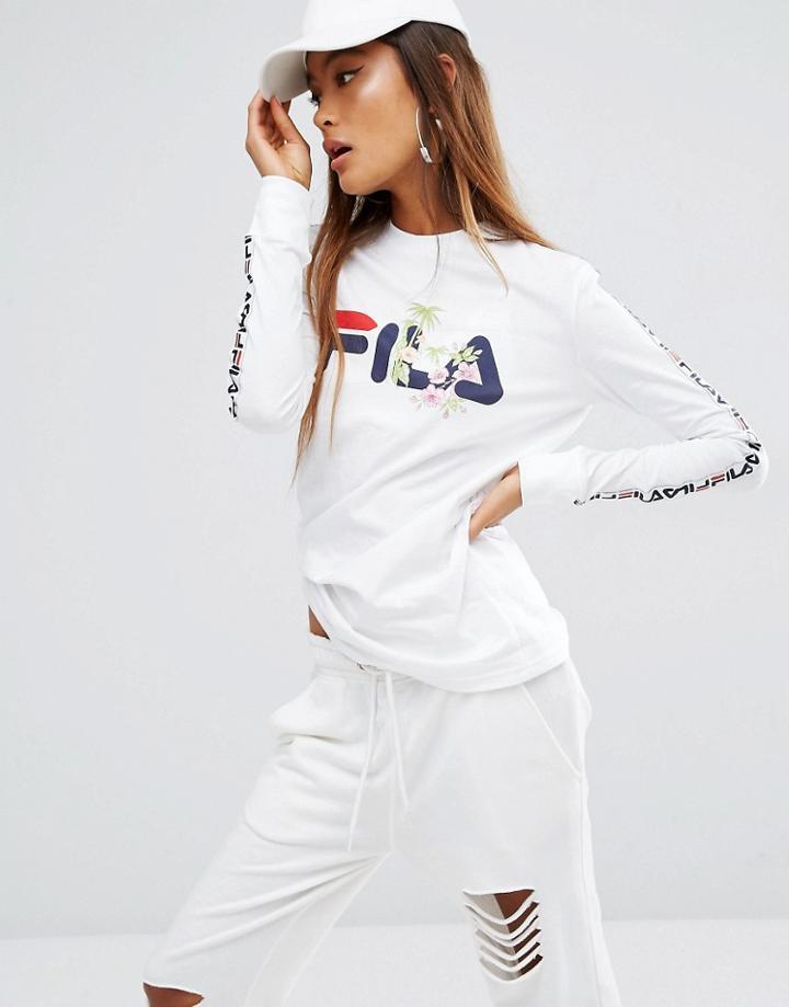 Fila Oversized Boyfriend Long Sleeve T-shirt With Floral Logo - White