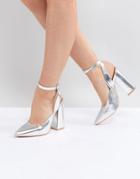 Lost Ink Silver Block Heeled Ankle Tie Shoes - Silver