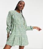 Influence Tall Long Sleeve Printed Cotton Mini Dress In Floral Print-green