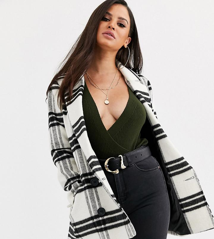 Asos Design Petite Double Breasted Check Coat-multi
