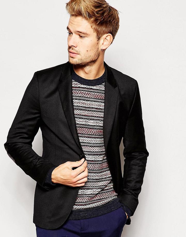 Hugo By Hugo Boss Blazer With Leather Elbow Patches - Black